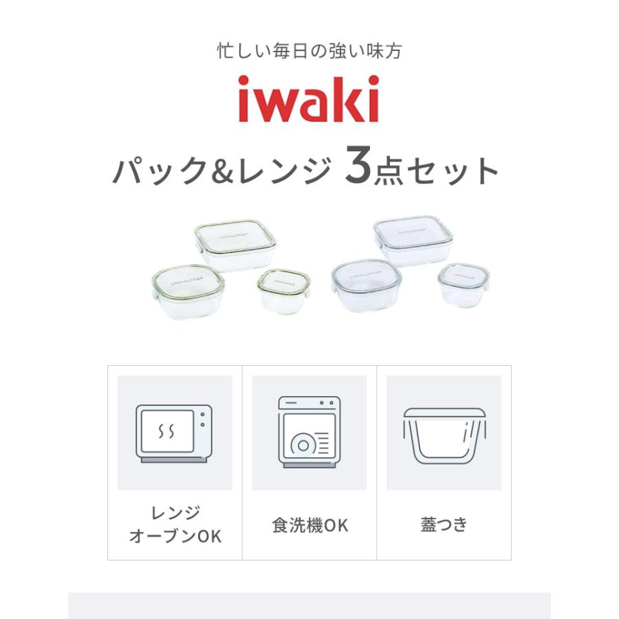 iwaki イワキ 新色 耐熱ガラス保存容器 3点セット パックアンドレンジ