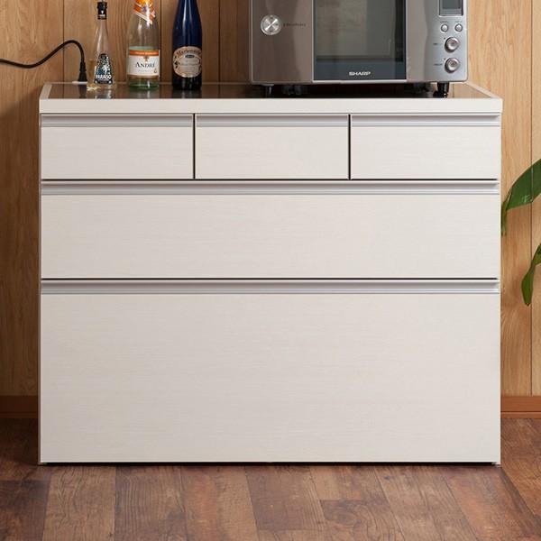 日本製 完成品 大川家具 ステンレス キッチン カウンタ― 幅110 大容量 食器棚 3段 収納 艶出しホワイト レンジ台 レンジラック おしゃれ 国産 代引不可