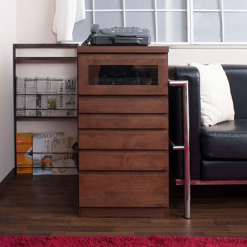 天然木アルダーFAX台兼用リビングチェスト幅45cm ダークブラウン