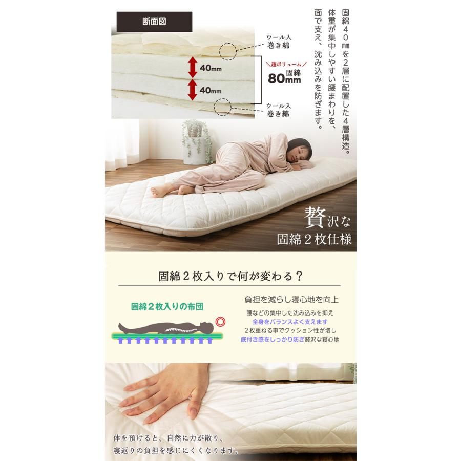 敷き布団 セミシングルショート 日本製 羊毛100%使用 80×180 ウール敷布団 消臭 吸湿性抜群 ウール100% ウール 洗える 丸洗い可能 消臭ウール布団_7