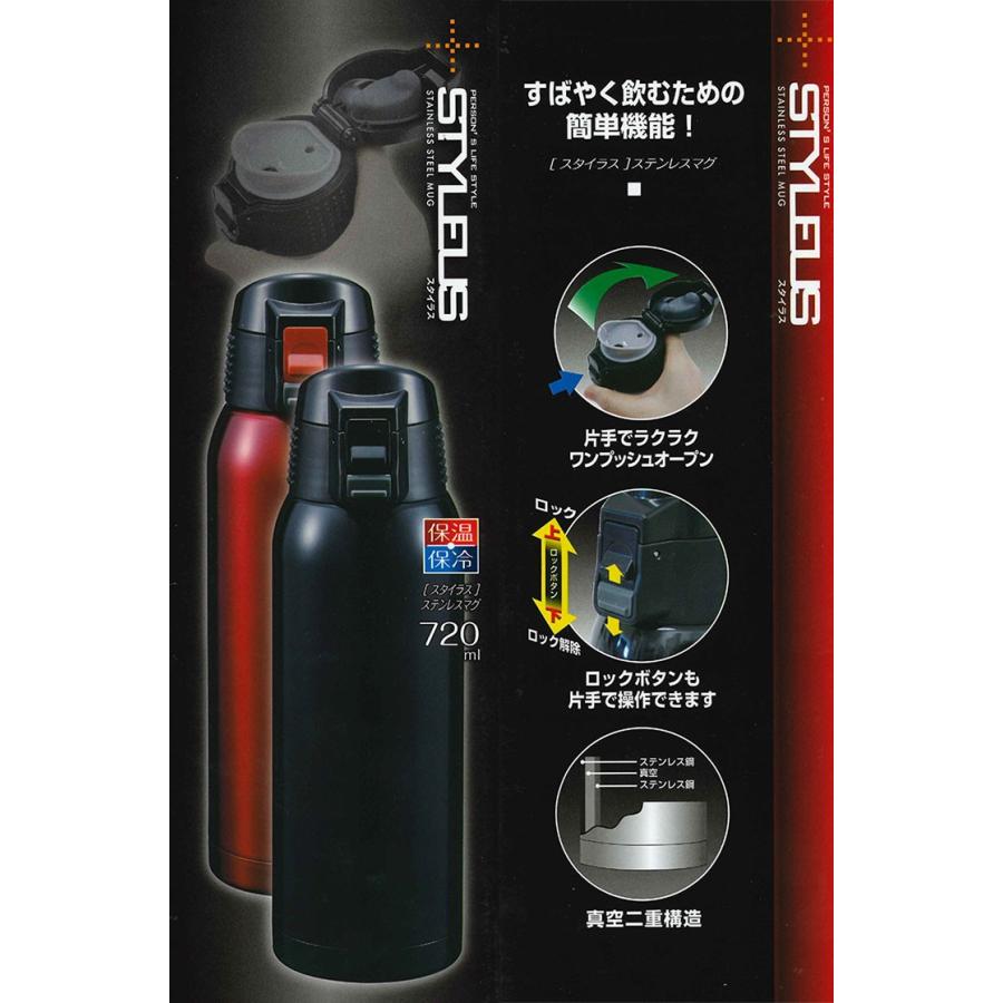 タフコ スタイラス ワンプッシュ式 携帯マグ 720ml 保温 保冷 魔法瓶 ステンレス ワンタッチ 水筒 ブラック レッド 代引不可｜recommendo｜02