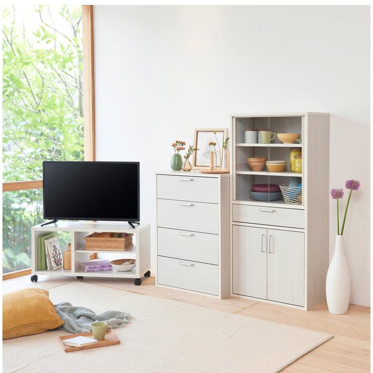 白井産業 キャビネット 食器棚 幅57cm 高さ80cm ホワイト 白木目 扉付