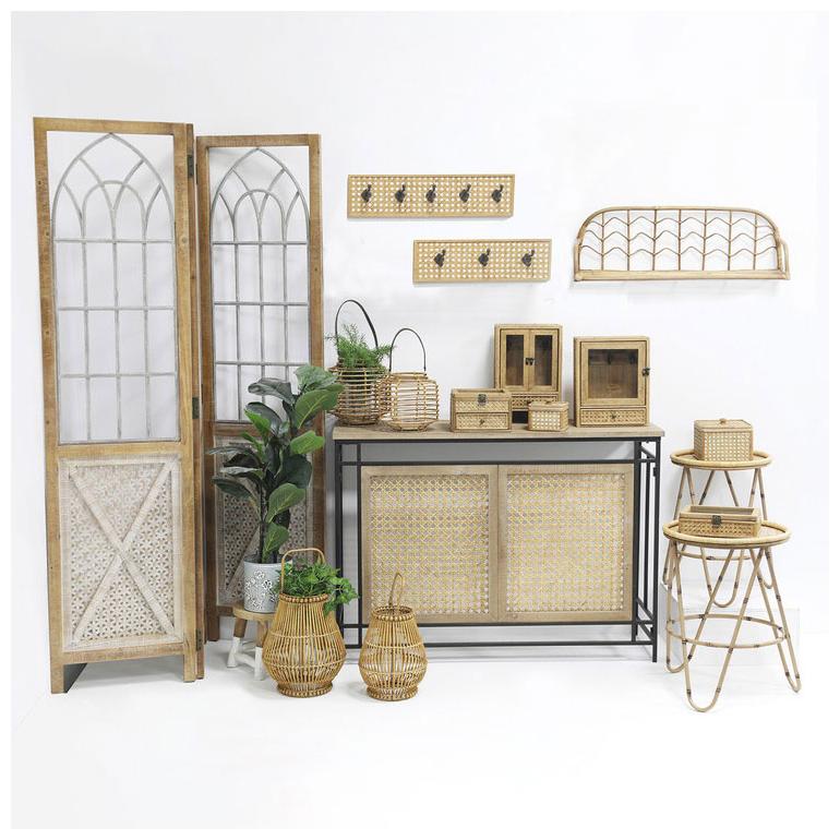 ラタン ガラス扉付き ミニキャビネット フック 引出し 両開き 扉収納