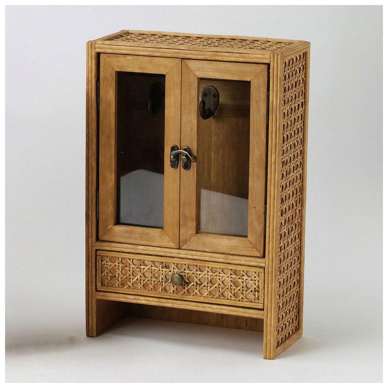 ラタン ガラス扉付き ミニキャビネット フック 引出し 両開き 扉収納