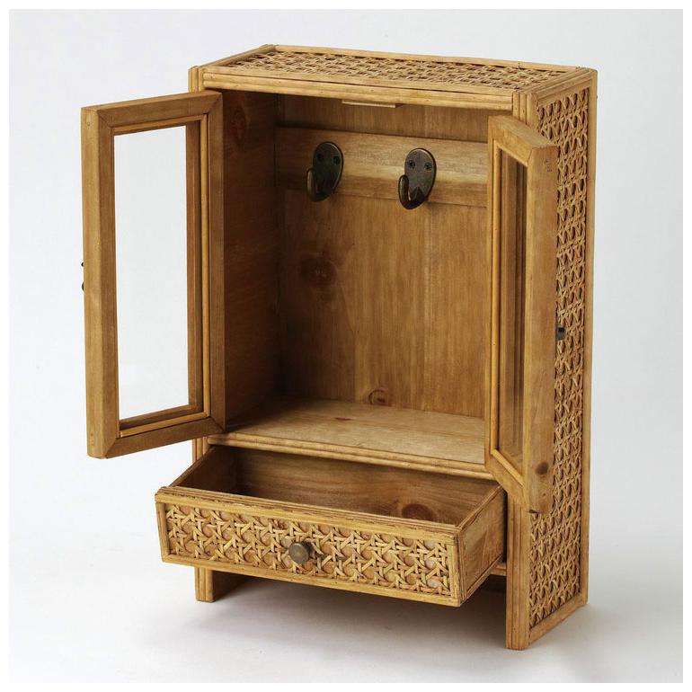 ラタン ガラス扉付き ミニキャビネット フック 引出し 両開き 扉収納