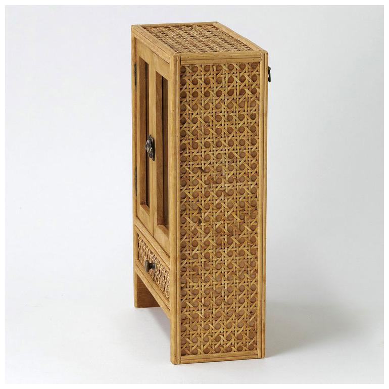 ラタン ガラス扉付き ミニキャビネット フック 引出し 両開き 扉収納