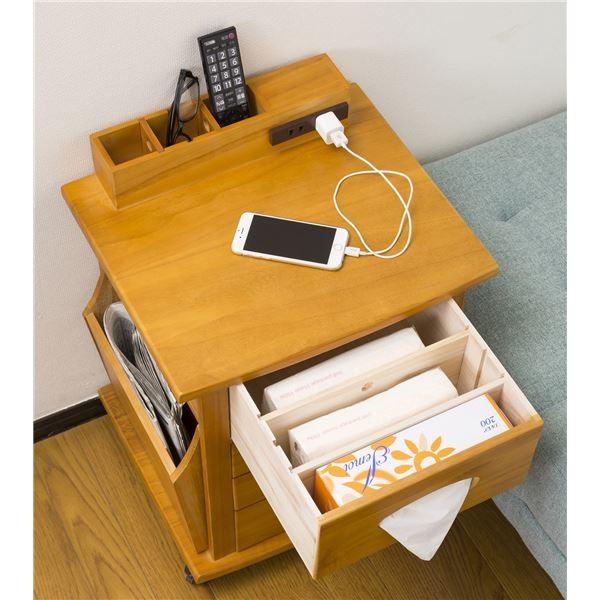 すっ桐 ナイトワゴン/サイドテーブル 木製 二口コンセント/キャスター付き すっ桐 ナイトワゴン/サイドテーブル 〔幅43cm×奥行38cm〕 木製 二口