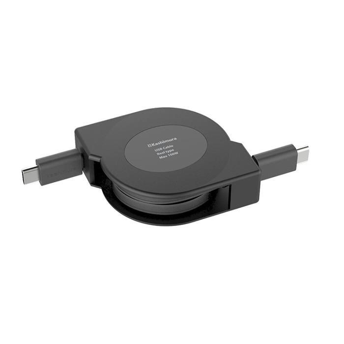 カシムラ USB充電&同期ケーブル リールタイプ1.2m TYPE-C⇔C PD100W 黒
