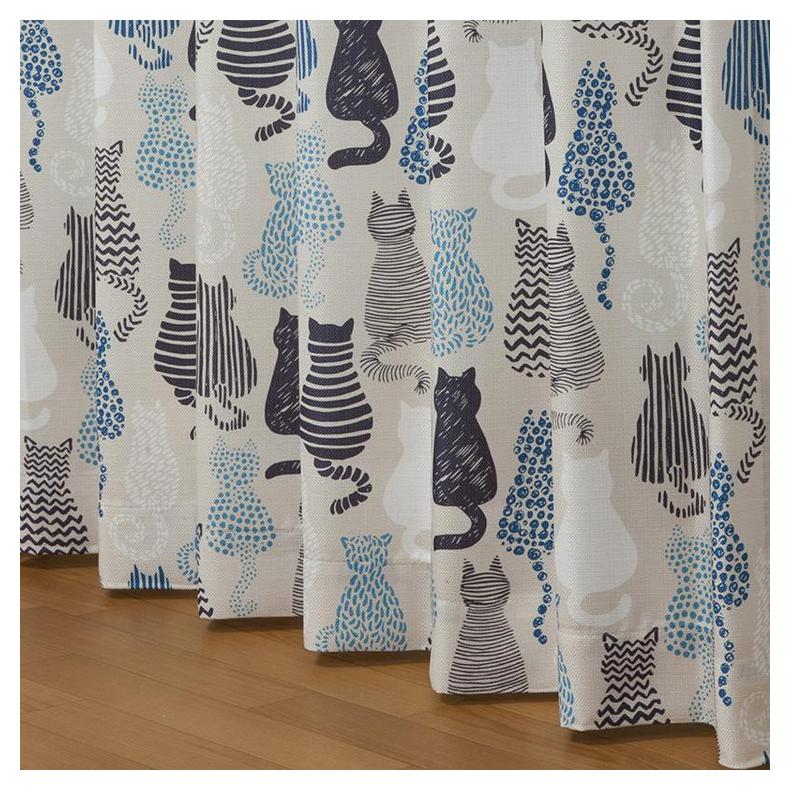ドレープカーテン レースカーテン付き 猫柄 形状記憶 4枚セット 4枚組