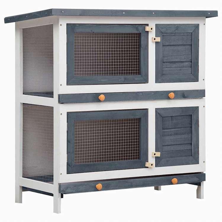 vidaXL 屋外うさぎ小屋 4ドアタイプ グレー 木製 動物 ペット用品