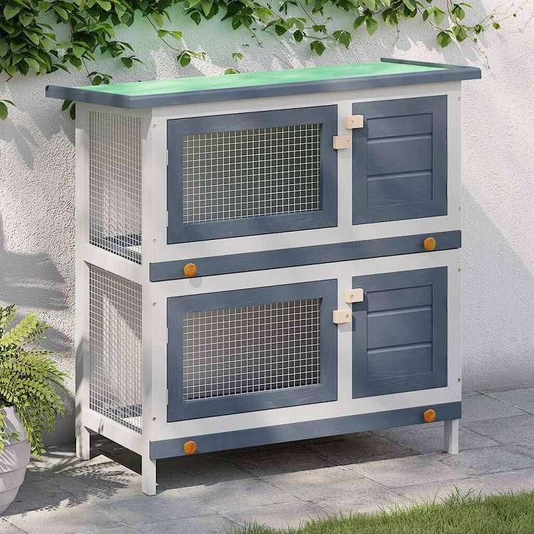 vidaXL 屋外うさぎ小屋 4ドアタイプ グレー 木製 動物 ペット用品