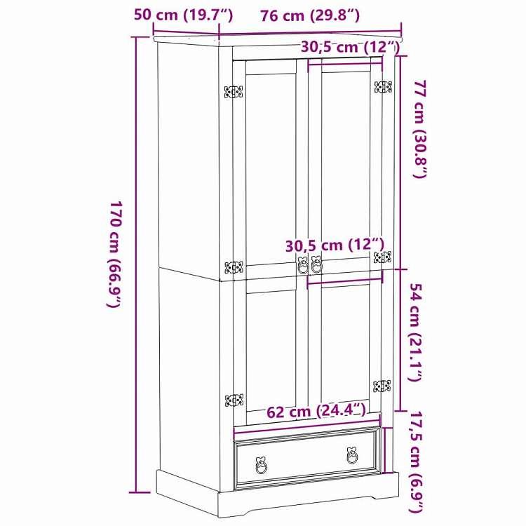 vidaXL ワードローブ コロナ 76x50x170 cm 無垢材 パイン材 家具 キャビネット 収納 戸棚・ワードローブ 代引不可_8