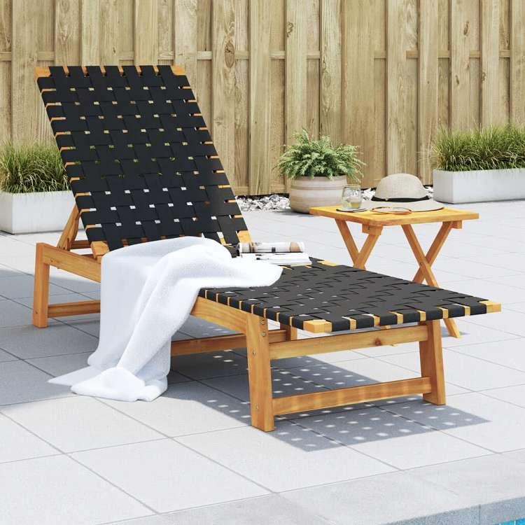 vidaXL サンラウンジャー ブラック アカシア無垢材とファブリック 家具 アウトドア家具 屋外椅子 サンラウンジャー_1