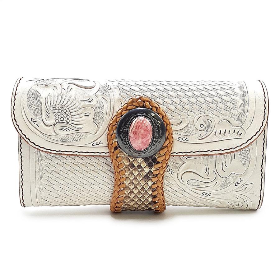 送料無料 美品 アルズニ ALZUNI 長財布 三つ折り ウォレット コンチョ ストーン カービング パイソン レザー 本革 白 ホワイト系 メンズ