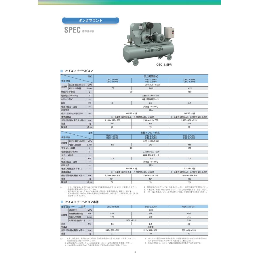 日立（HITACHI） 無給油式(オイルフリーベビコン)OBC-3.7PR6 60Hz品 【旧型 3.7OP-9.5GP6 ...