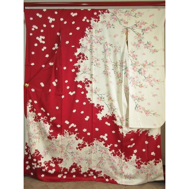 kf-078 振袖「新品未着用 京友禅振袖 木立シルエット 桜文 正絹」 着丈  