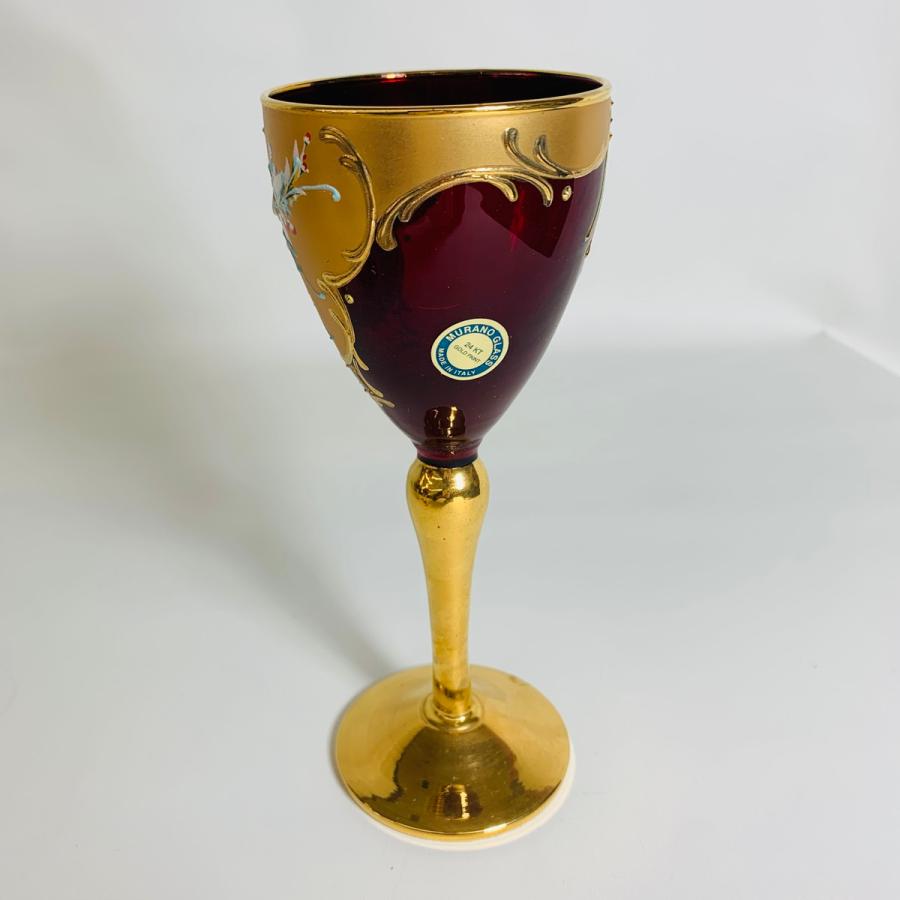 MURANO GLASS　ムラーノガラス　ワイングラス　5客セット　イタリア製　赤×ゴールド　花柄｜recycle-market｜03