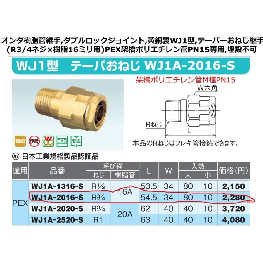 オンダ製作所:ダブルロックジョイント テーパおねじ 黄銅製 型式:WJ1A 