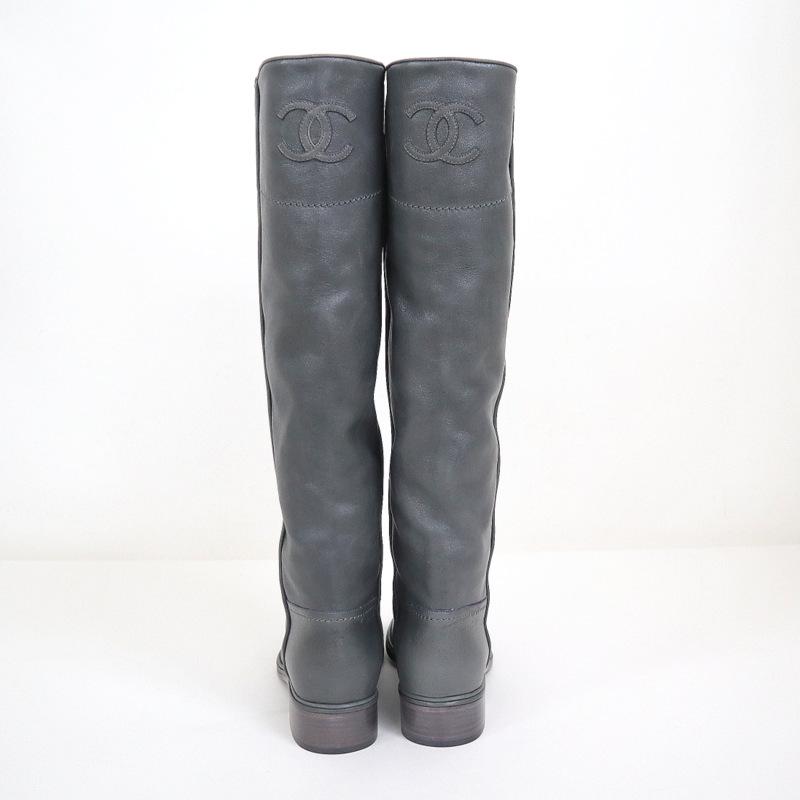 CHANEL】シャネル ロングブーツ ココマーク レザー グレー #36【中古 
