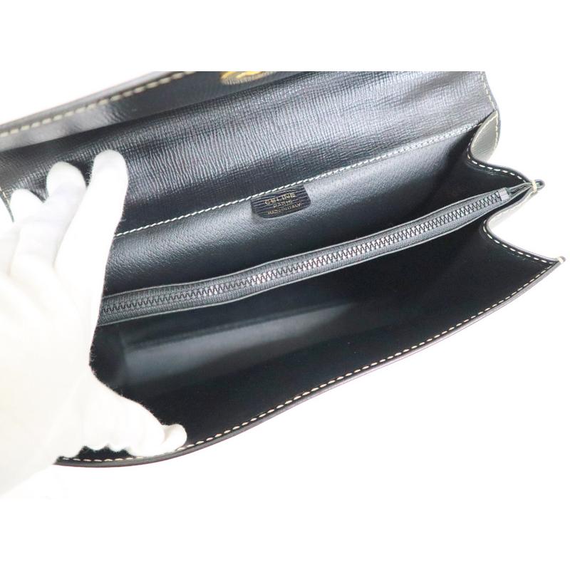 CELINE】セリーヌ フラップ・ハンドバッグ レザー ブラック×ゴールド  