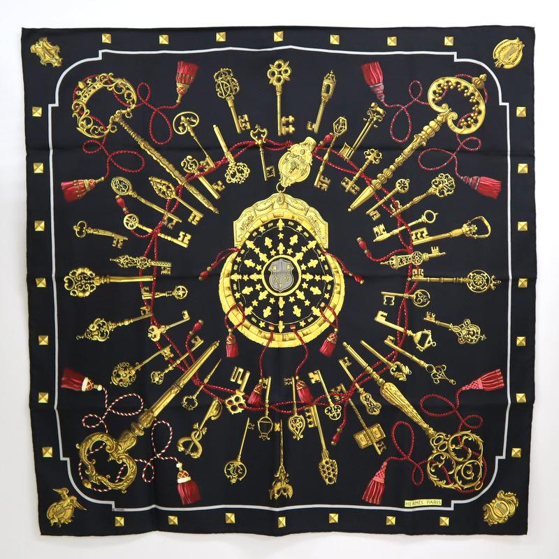 HERMES】エルメス カレ90 スカーフ LES CLES 鍵柄 ブラック【中古 