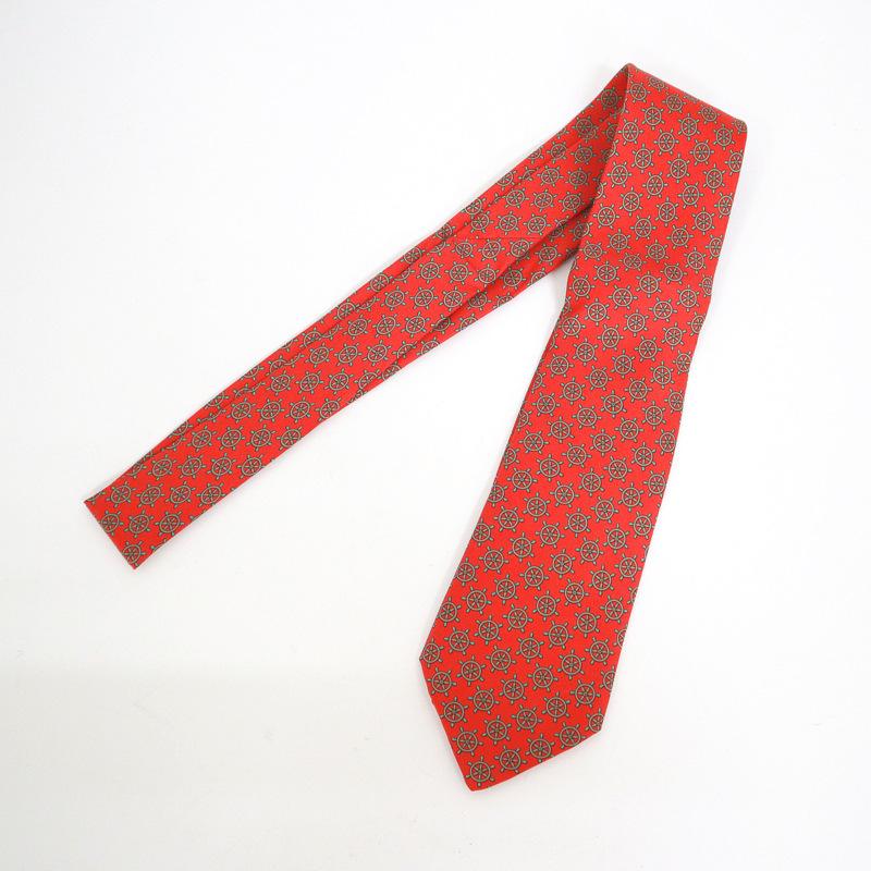 HERMES】エルメス ネクタイ 舵輪柄 レッド シルク 7317EA【中古