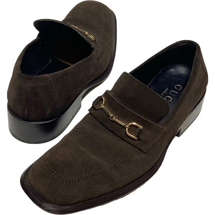 GUCCI/グッチ スウェード ビットローファー ゴールド こげ茶 ダーク  