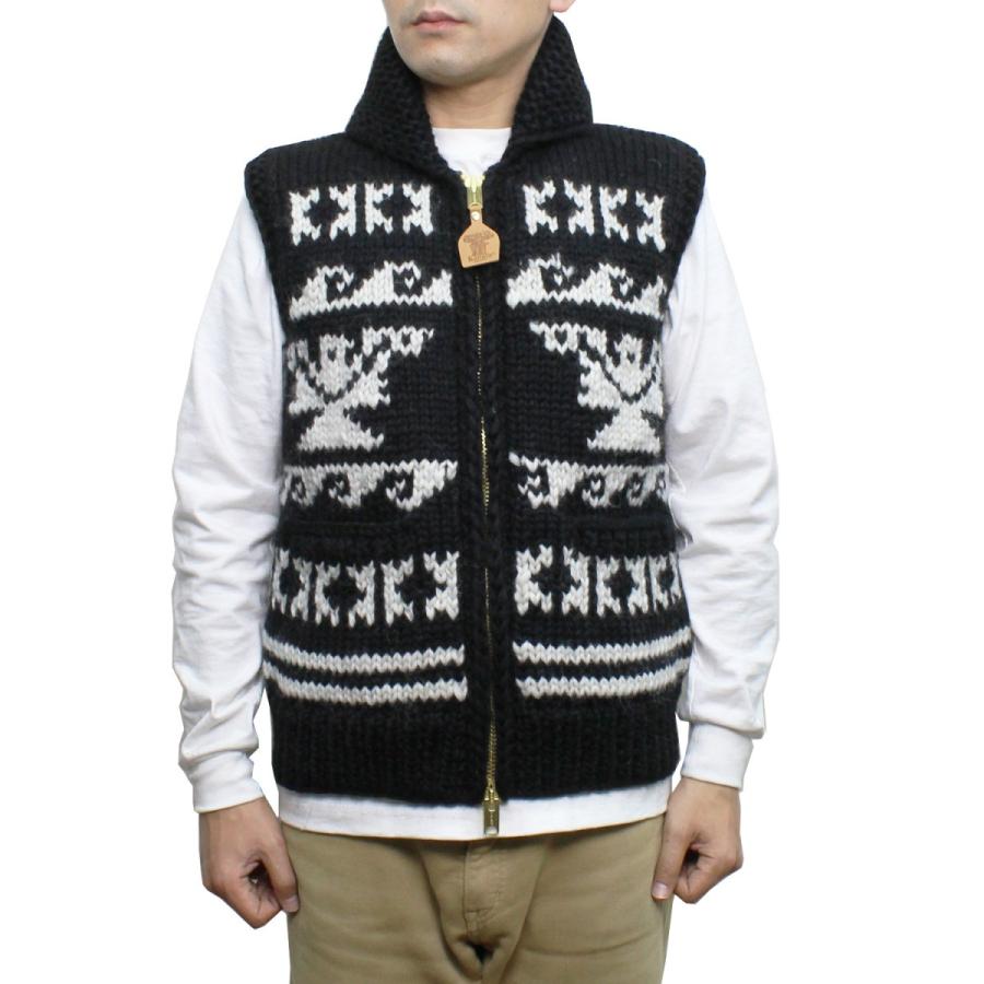 【送料無料】 KANATA KV258 6PLY EAGLE WAVE COWICHAN KNIT VEST イーグル柄 カウチン ニット ベスト カナダ製 WINTER 冬物 MENS 男性用 BLACK/WHITE 38-44｜redwood