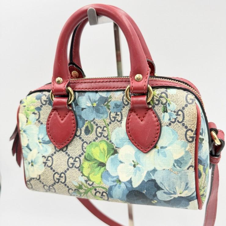 GUCCI（グッチ）GGブルームス ミニボストンバッグ 2WAYショルダー GGスプリーム フローラルプリント ベージュ系×レッド レディース