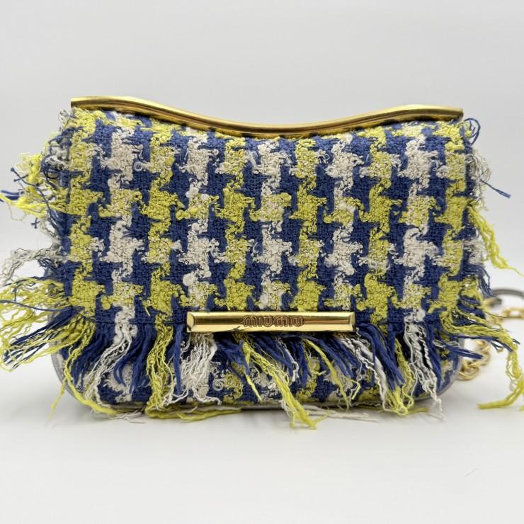 MIU MIU（ミュウミュウ） ツイード チェーンショルダーバッグ フリンジ シルバーレザー ゴールド金具 レディース