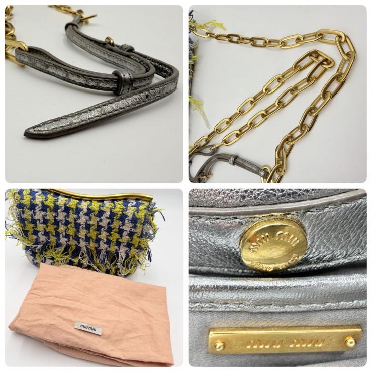 MIU MIU（ミュウミュウ） ツイード チェーンショルダーバッグ フリンジ シルバーレザー ゴールド金具 レディース