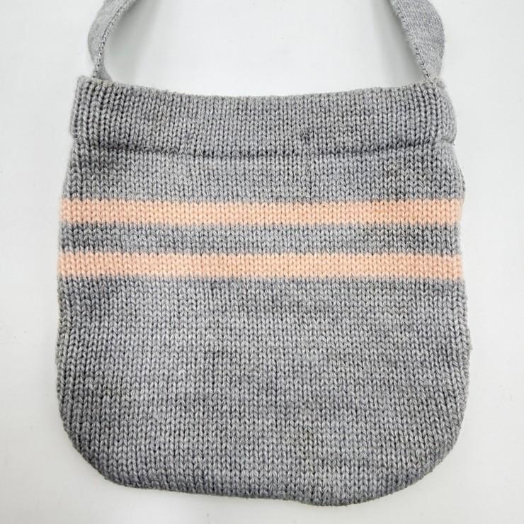 CELINE（セリーヌ）ロゴ刺繍 ニットショルダーバッグ グレー×ピンク リボン ボーダー キッズ レディース ミニバッグ 日本製_12