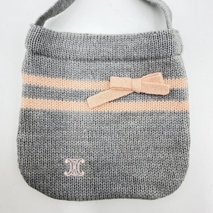 CELINE（セリーヌ）ロゴ刺繍 ニットショルダーバッグ グレー×ピンク リボン ボーダー キッズ レディース ミニバッグ 日本製_1