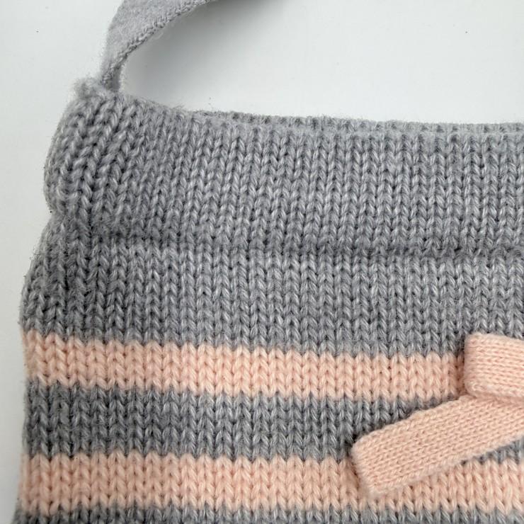 CELINE（セリーヌ）ロゴ刺繍 ニットショルダーバッグ グレー×ピンク リボン ボーダー キッズ レディース ミニバッグ 日本製_5