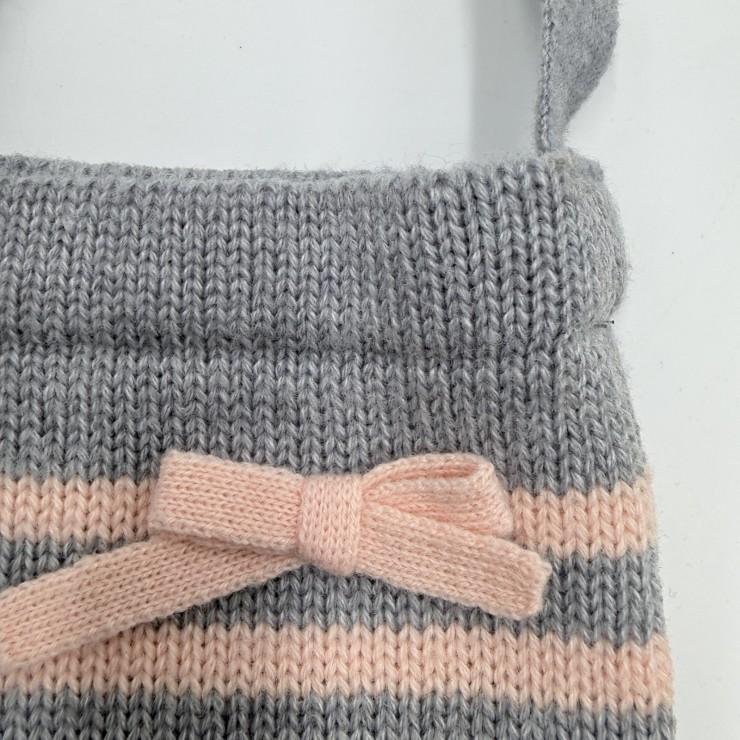 CELINE（セリーヌ）ロゴ刺繍 ニットショルダーバッグ グレー×ピンク リボン ボーダー キッズ レディース ミニバッグ 日本製_6