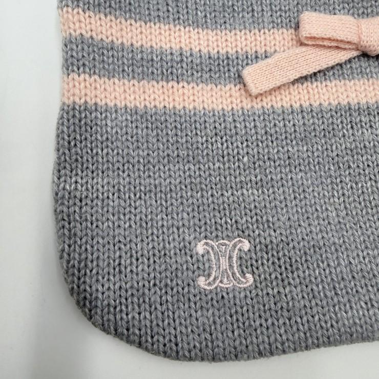 CELINE（セリーヌ）ロゴ刺繍 ニットショルダーバッグ グレー×ピンク リボン ボーダー キッズ レディース ミニバッグ 日本製_7