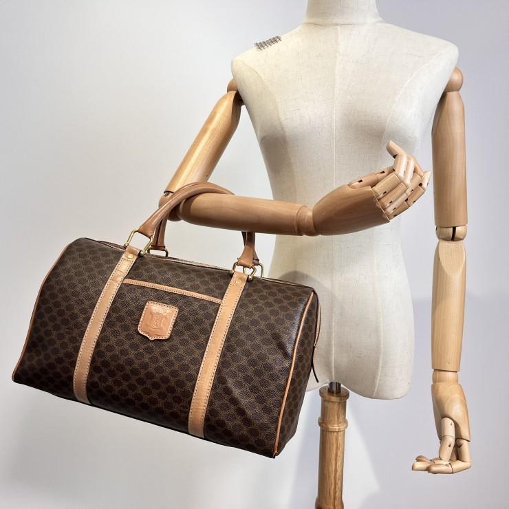 【CELINE】ボストンバッグ　マカダム柄　ゴールド金具　PVC ブラウン CELINE（セリーヌ） マカダム ヴィンテージ ボストンバッグ PVC レザー