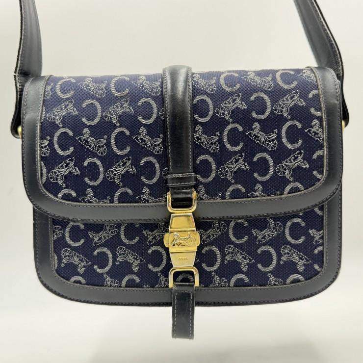 CELINE（セリーヌ）サルキー Cマカダム ヴィンテージ ショルダーバッグ ネイビー系 キャンバス レザー 馬車金具 ゴールドトーン レディース CELINE（セリーヌ） サルキー Cマカダム ヴィンテージ ショルダー