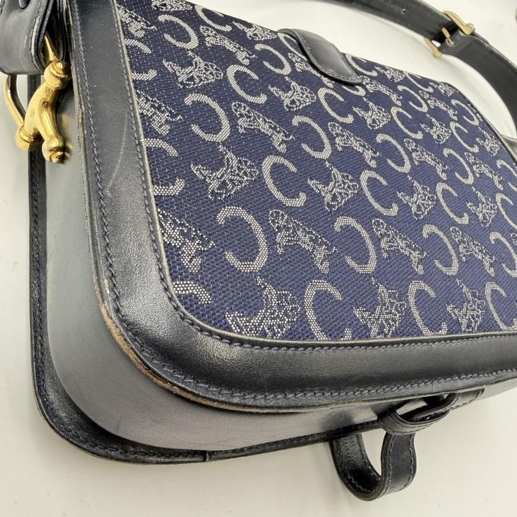 CELINE（セリーヌ）サルキー Cマカダム ヴィンテージ ショルダーバッグ ネイビー系 キャンバス レザー 馬車金具 ゴールドトーン レディース CELINE（セリーヌ） サルキー Cマカダム ヴィンテージ ショルダー