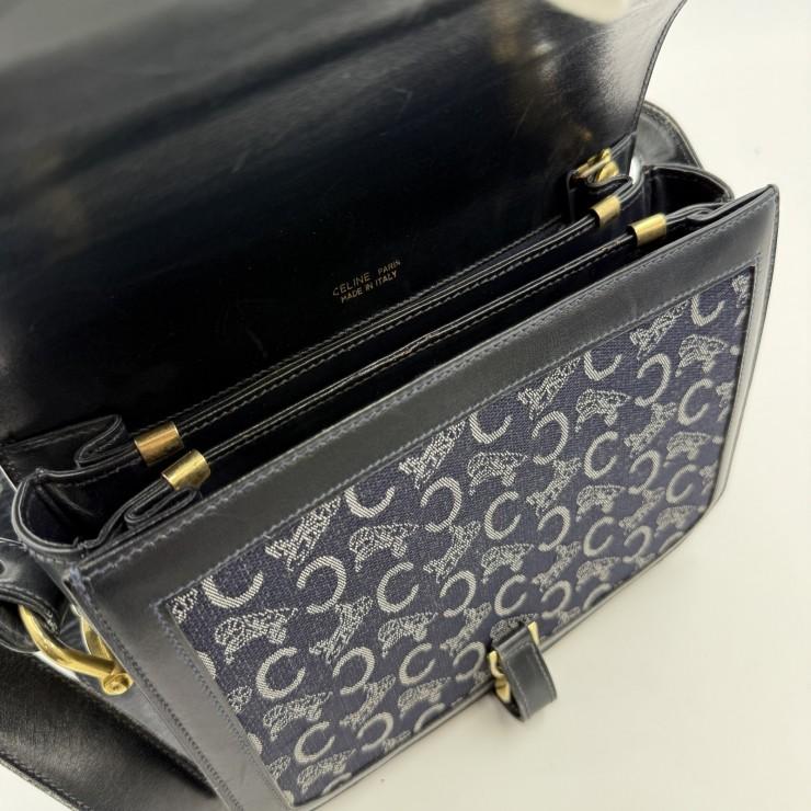 CELINE（セリーヌ）サルキー Cマカダム ヴィンテージ ショルダーバッグ ネイビー系 キャンバス レザー 馬車金具 ゴールドトーン レディース CELINE（セリーヌ） サルキー Cマカダム ヴィンテージ ショルダー