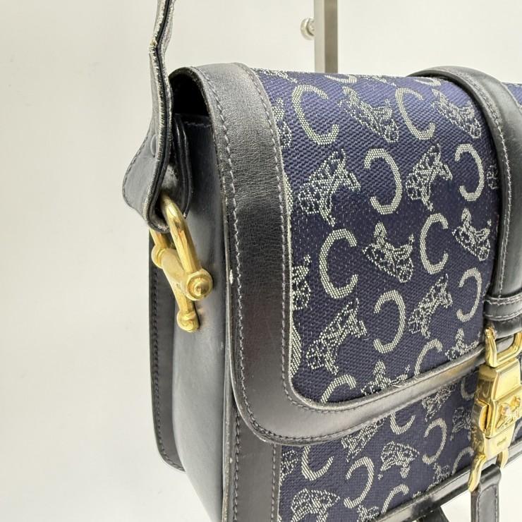 CELINE（セリーヌ）サルキー Cマカダム ヴィンテージ ショルダーバッグ ネイビー系 キャンバス レザー 馬車金具 ゴールドトーン レディース CELINE（セリーヌ） サルキー Cマカダム ヴィンテージ ショルダー