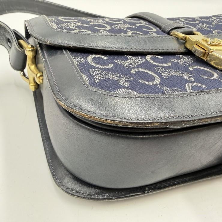 CELINE（セリーヌ）サルキー Cマカダム ヴィンテージ ショルダーバッグ ネイビー系 キャンバス レザー 馬車金具 ゴールドトーン レディース CELINE（セリーヌ） サルキー Cマカダム ヴィンテージ ショルダー