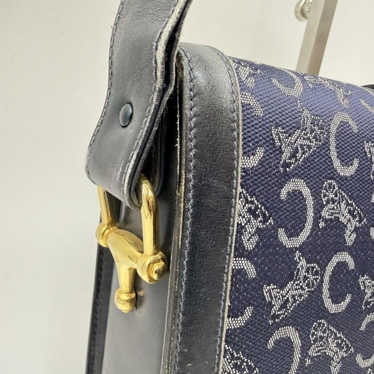 CELINE（セリーヌ）サルキー Cマカダム ヴィンテージ ショルダーバッグ ネイビー系 キャンバス レザー 馬車金具 ゴールドトーン レディース CELINE（セリーヌ） サルキー Cマカダム ヴィンテージ ショルダー