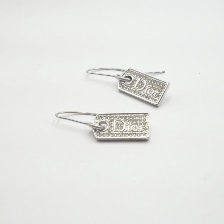 【美品】クリスチャンディオール ロゴプレート ラインストーン ピアス シルバー Christian Dior（クリスチャンディオール）ロゴプレートピアス