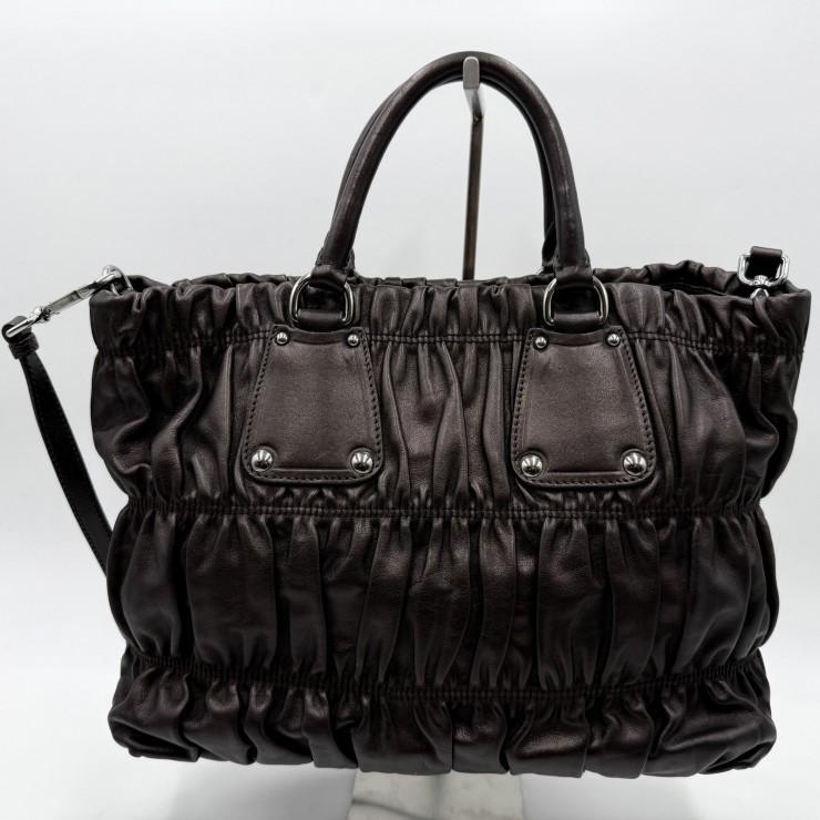 PRADA（プラダ）ギャザー レザー 2WAY ハンドバッグ ショルダーバッグ ダークブラウン レディース シルバートーン金具_10
