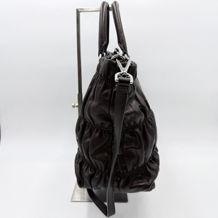 PRADA（プラダ）ギャザー レザー 2WAY ハンドバッグ ショルダーバッグ ダークブラウン レディース シルバートーン金具_13