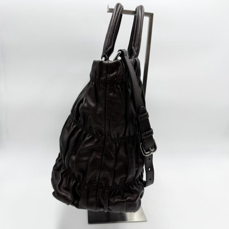 PRADA（プラダ）ギャザー レザー 2WAY ハンドバッグ ショルダーバッグ ダークブラウン レディース シルバートーン金具_15