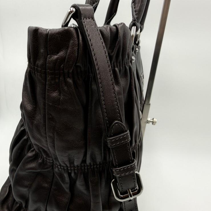PRADA（プラダ）ギャザー レザー 2WAY ハンドバッグ ショルダーバッグ ダークブラウン レディース シルバートーン金具_16