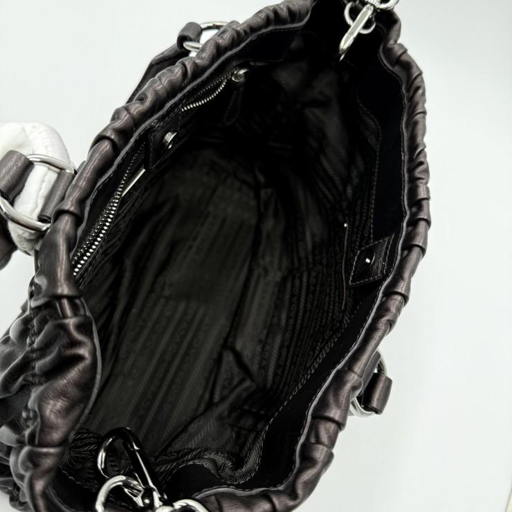 PRADA（プラダ）ギャザー レザー 2WAY ハンドバッグ ショルダーバッグ ダークブラウン レディース シルバートーン金具_18
