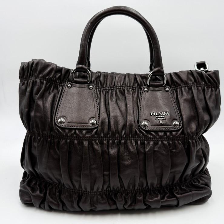 PRADA（プラダ）ギャザー レザー 2WAY ハンドバッグ ショルダーバッグ ダークブラウン レディース シルバートーン金具_3